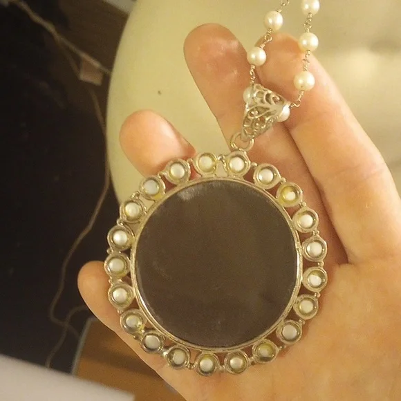 SaFia Signed Longer Pearl Necklace with Silver Cameo Pendant.